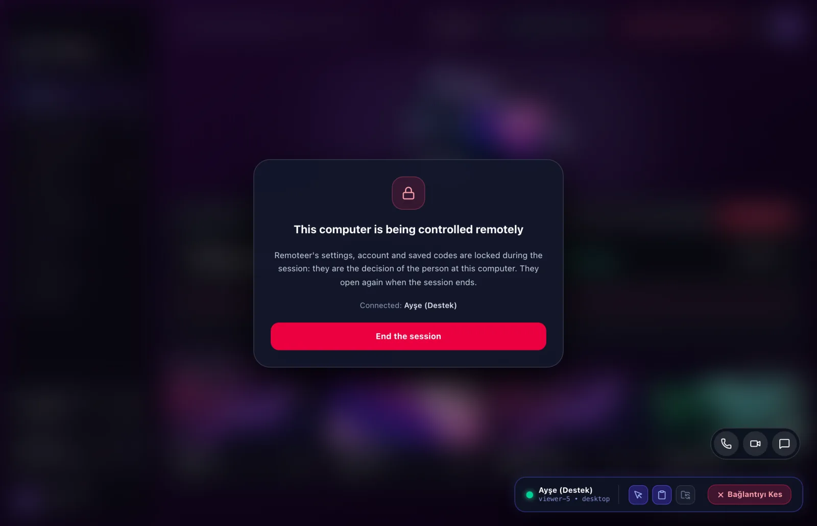 While connected, the Remoteer window is locked; session controls bottom right
