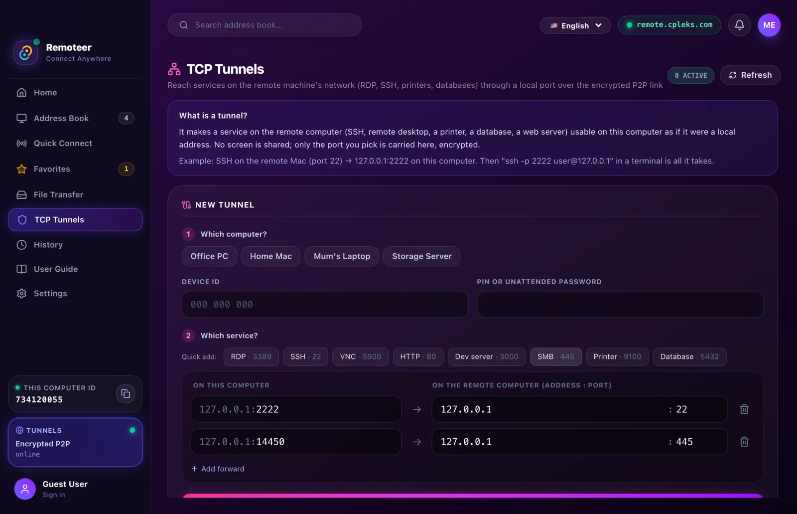 TCP tunnels: device, service and ports
