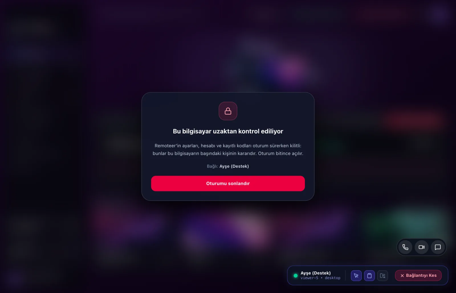 Bağlanılmışken Remoteer penceresi kilitli; sağ altta oturum kontrolleri