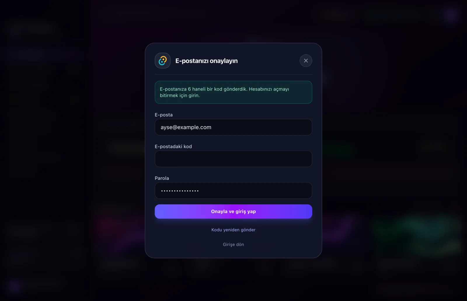 E-posta onayı: e-postadaki kod